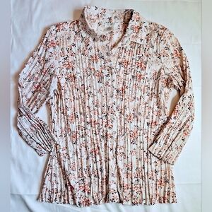Como Womens Red And Pink Floral Pleated Button Up Collared Blouse Size Medium
